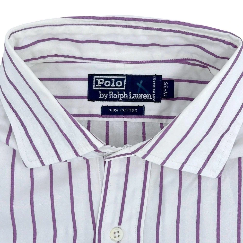 Polo Ralph‎ Lauren Button Down Mens 17-35 White Purple Striped Classic Vintage